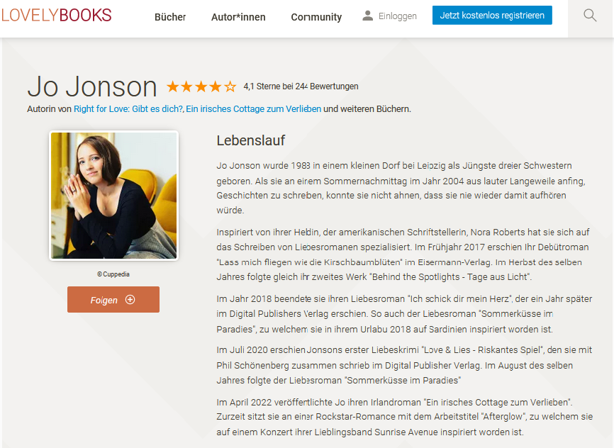 Autorenvorstellung Jo Jonson auf Lovelybooks mit Foto der Autorin und Text