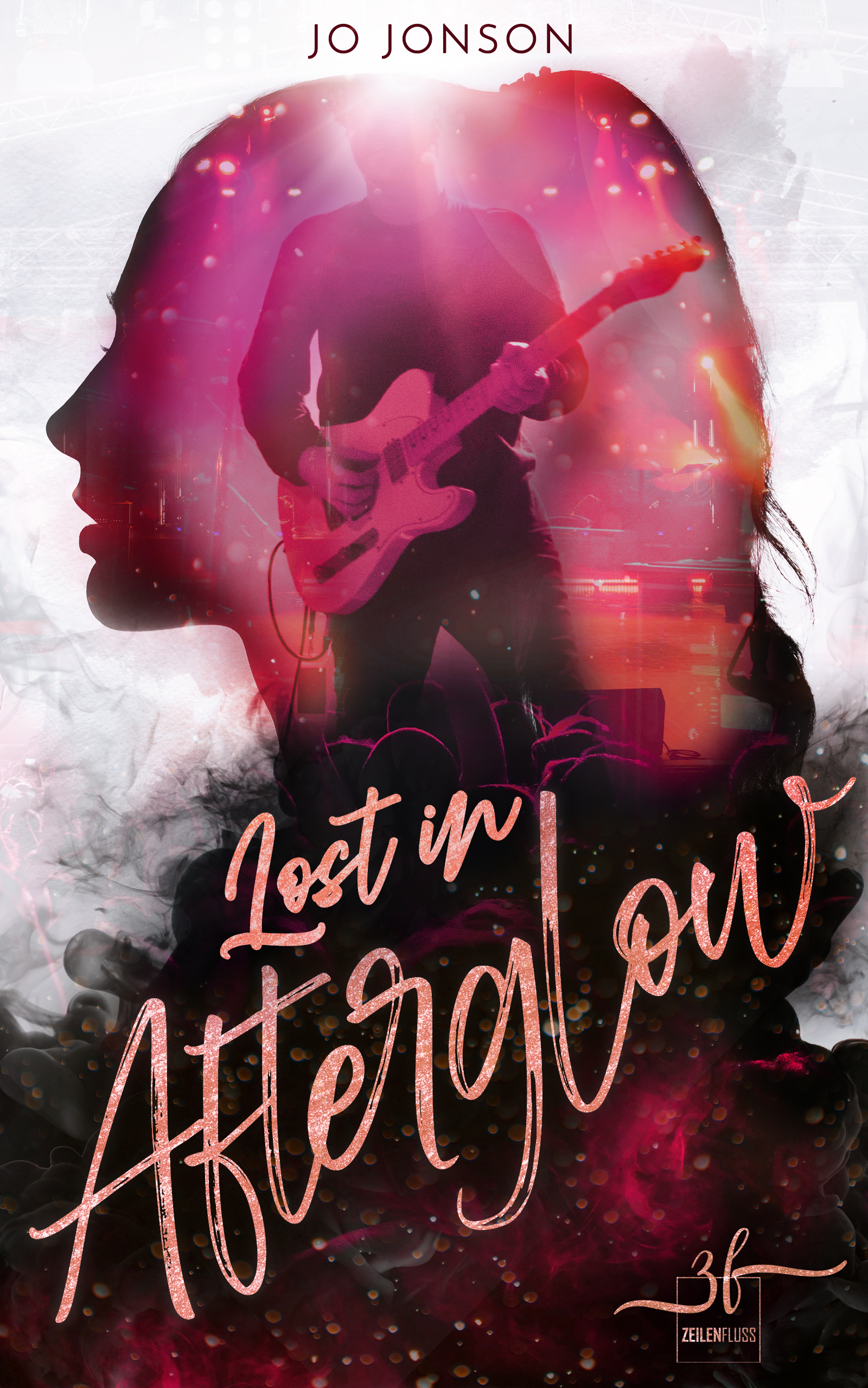 Buchcover der Rockstarromance "Lost in Afterglow" von Autorin Jo Jonson. Zu sehen ist die Silhouette einer Frau in Pink und darin ein Rockstar mit Gitarre