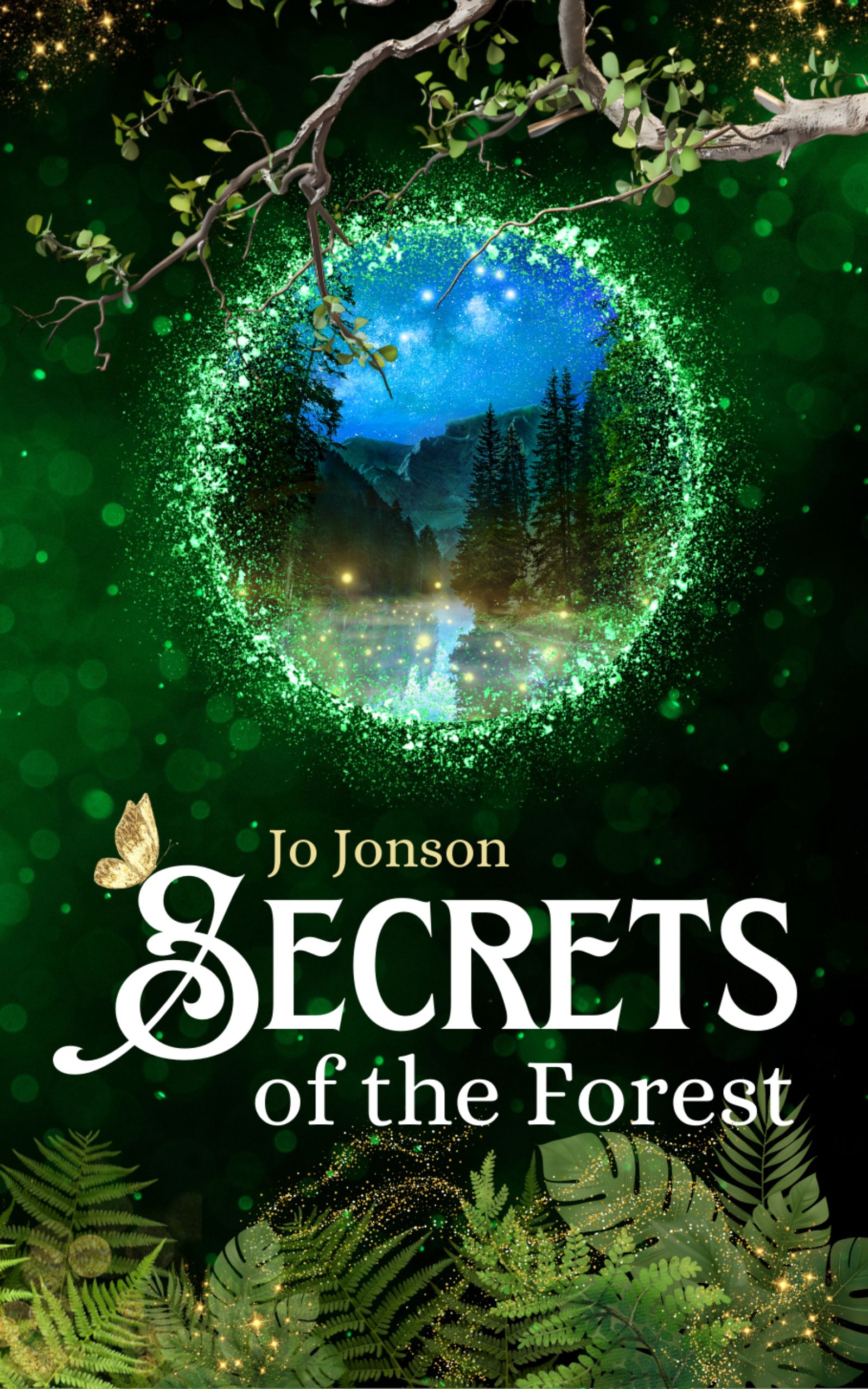 grünes Buch das in einem glitzernden Kreis einen magischen Wald zeigt mit dem Titel "Secrets of the Forest" von Jo Jonson