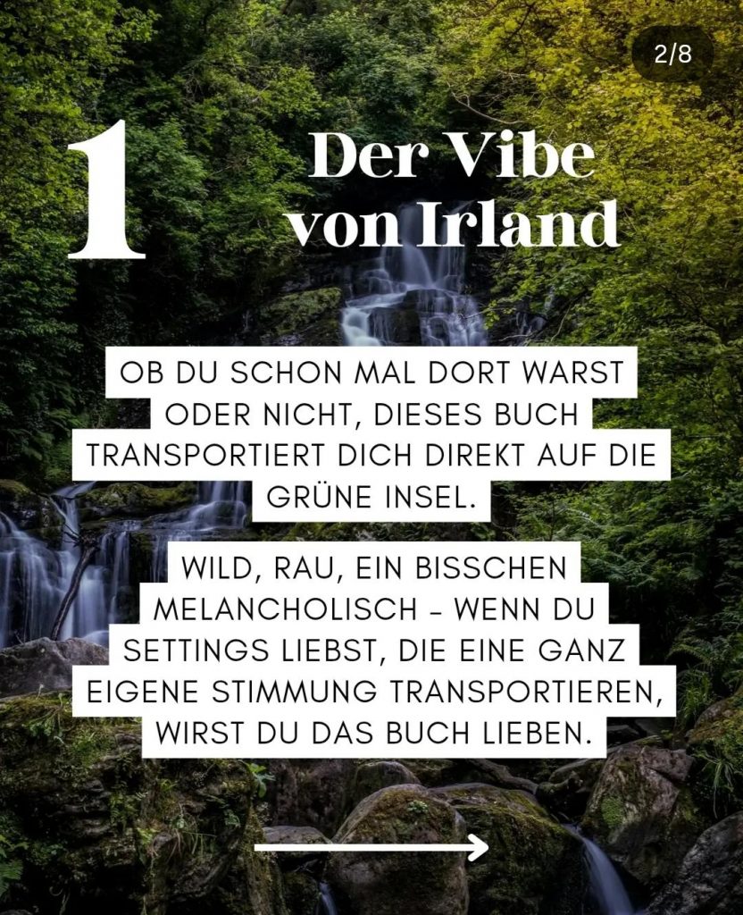 Der Text beschreibt, wie gut die Romantasy-Neuerscheinung von Jo Jonson den Vibe von Irland einfängt. Dahinter ist ein Fluss in einem Wald abgebildet