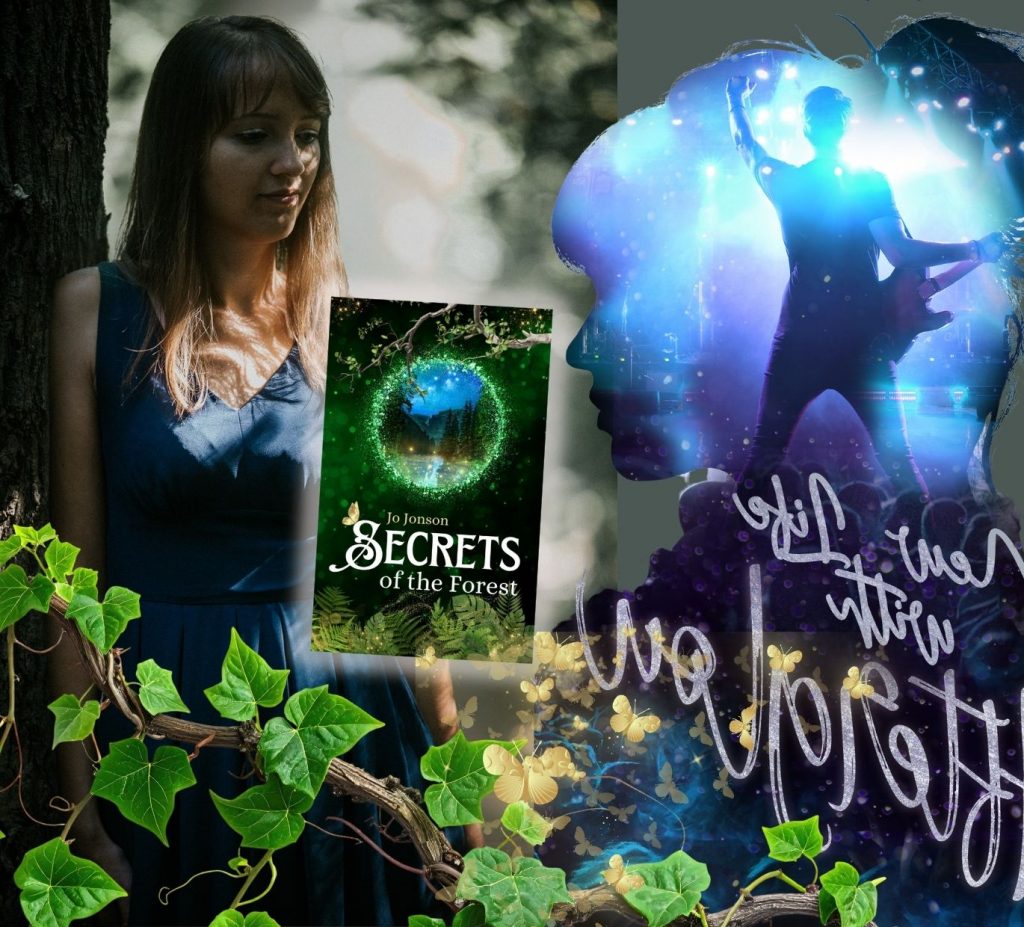 Jo Jonson lohnt in blauem Kleid im Wald an einem Baum, davor sieht man die Silhouette eines blauen Frauenkopfs, der zu ihr Schaut und Jo Jonson blickt auf ihr neues Buch Secrets of the Forest. Es geht um ihre Autorenreise vom Rockstar zum Waldelf