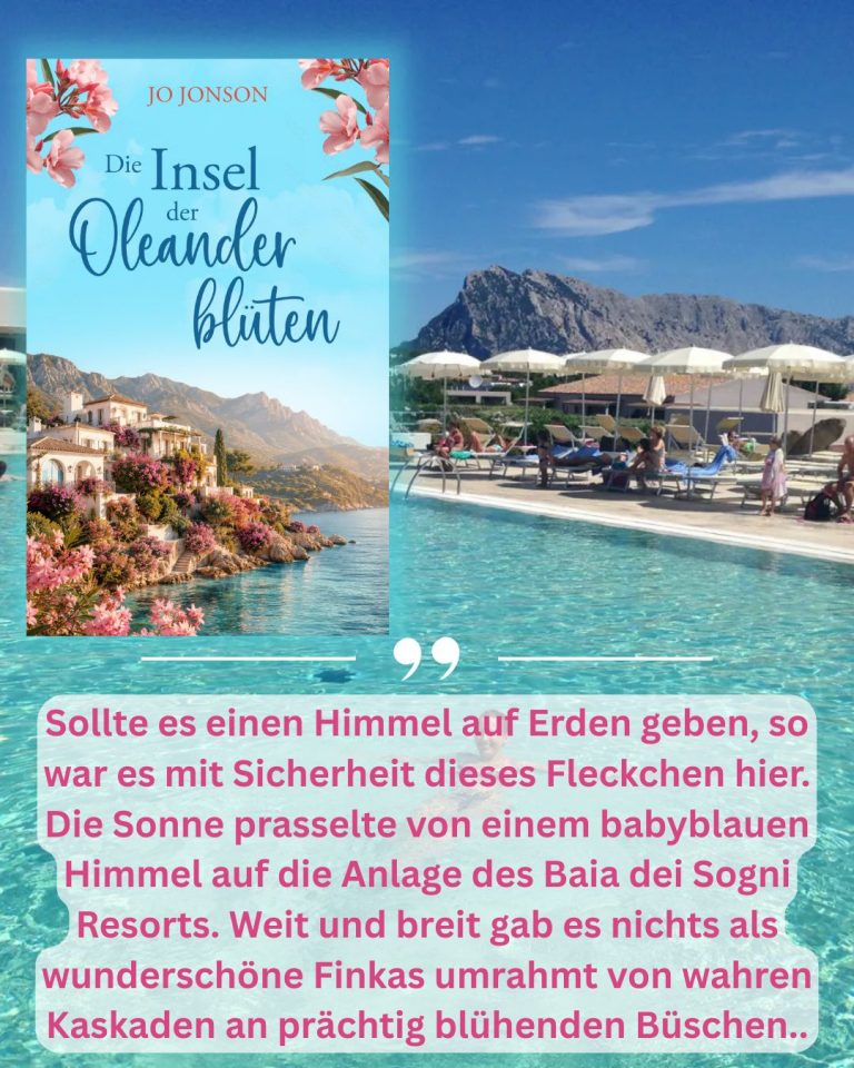 Urlaubslektüre 2026 "Die Insel der Oleanderblüten" und im Hintergrund ein großer Pool mit blauem Wasser und dahinter die Isola Molara