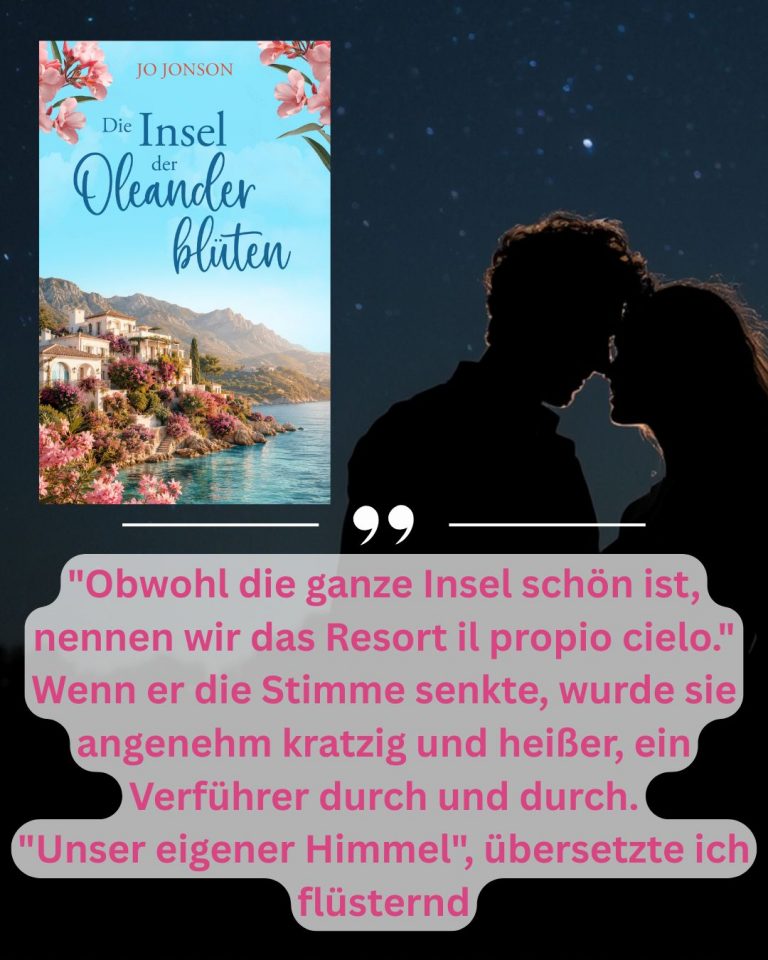 Urlaubslektüre 2026 "Die Insel der Oleanderblüten" vor einem Nachthimmel, vor dem die Silhouette eines sich küssenden Liebespaares zu sehen ist