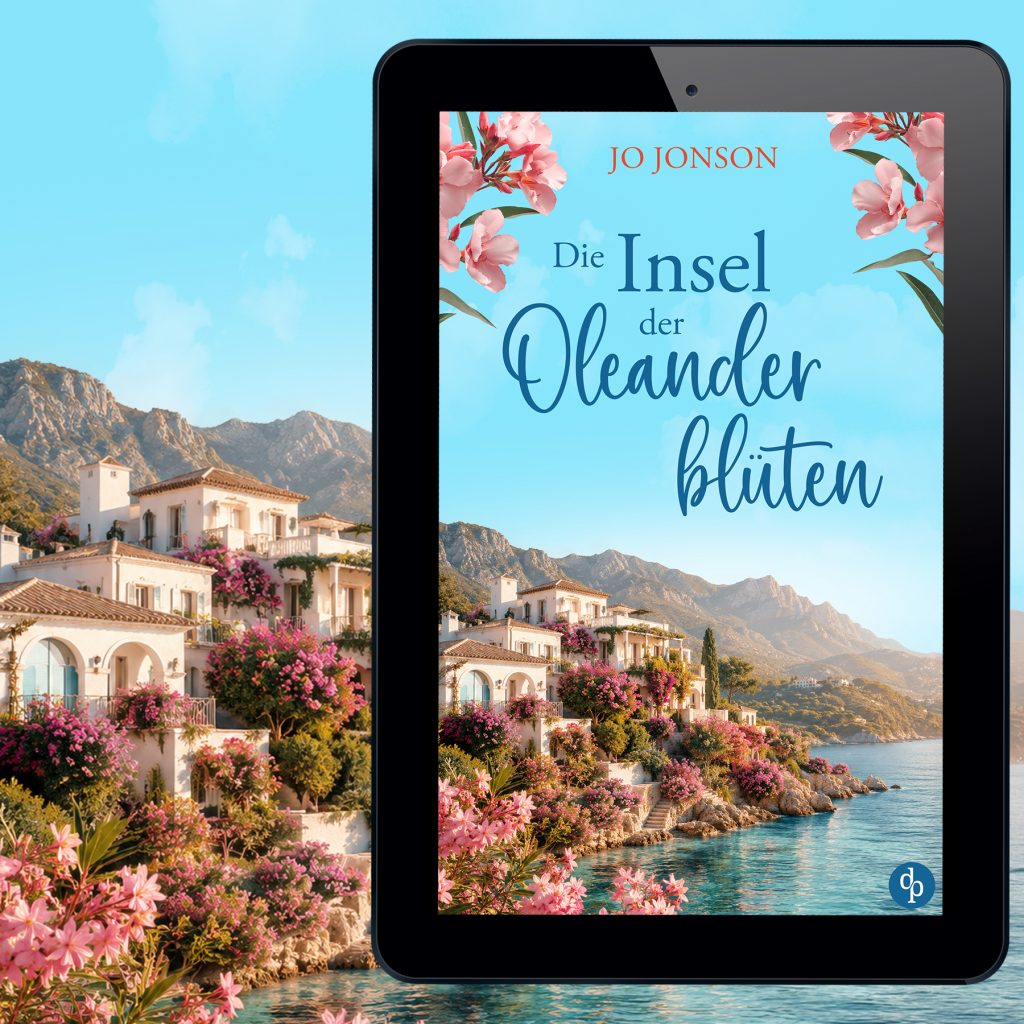 Jo Jonsons Roman "Die Insel der Oleanderblüten" zeigt eine schöne Insel mit Oleanderblüten im Ebook Cover und entstand bei ihrem Urlaub auf Sardinien