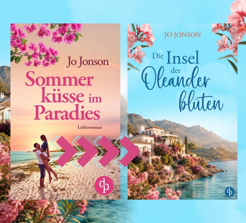 Jo Jonsons Urlaubslektüre 2026 einmal mit dem orangefarbenen Cover der Erstauflage "Sommerküsse im Paradies" und einmal mit dem hellblauen Cover der Neuauflage "Die Insel der Oleanderblüten"