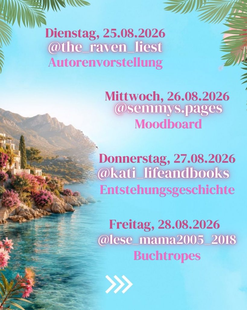 Daten zur Blogtour zu "Die Insel der Oleanderblüten" mit den teilnehmenden Bloggern und ihren Instagramaccounts sowie den Themen