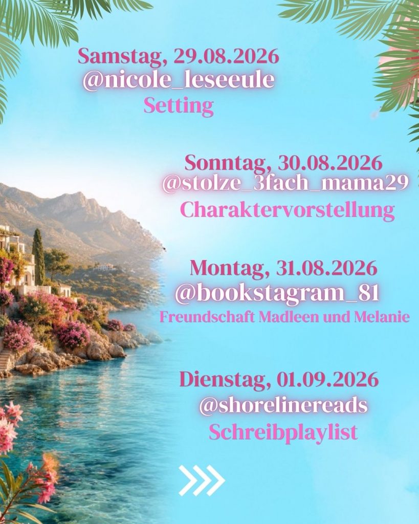 Daten zur Blogtour zu "Die Insel der Oleanderblüten" mit den teilnehmenden Bloggern und ihren Instagramaccounts sowie den Themen