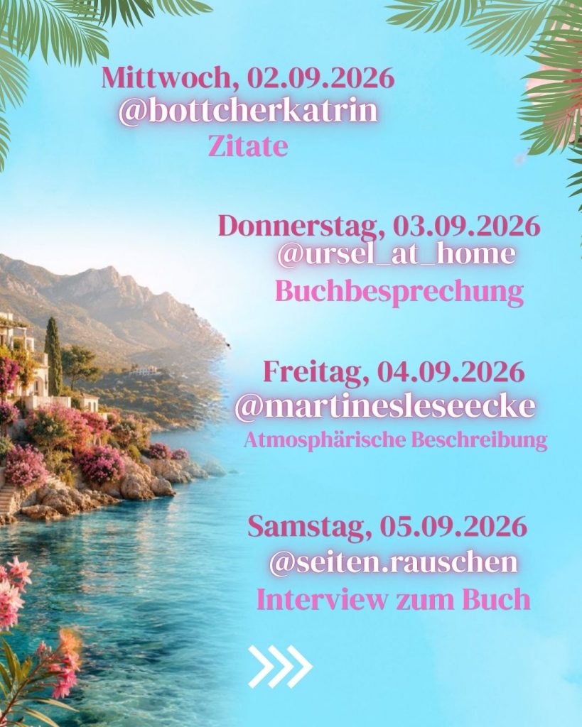 Daten zur Blogtour zu "Die Insel der Oleanderblüten" mit den teilnehmenden Bloggern und ihren Instagramaccounts sowie den Themen