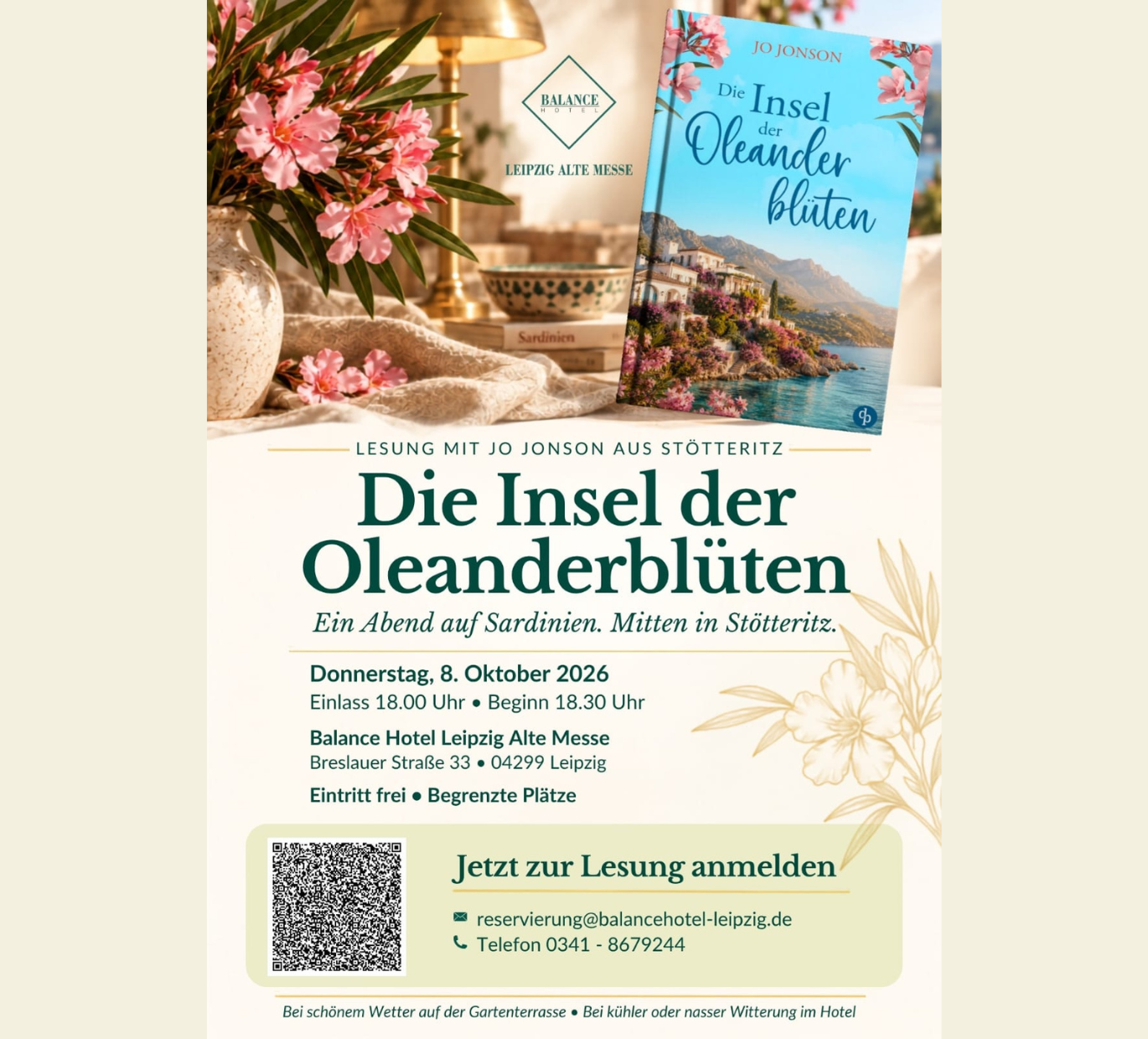 Flyer zur Lesung in Leipzig: "Die Insel der Oleanderblüten"