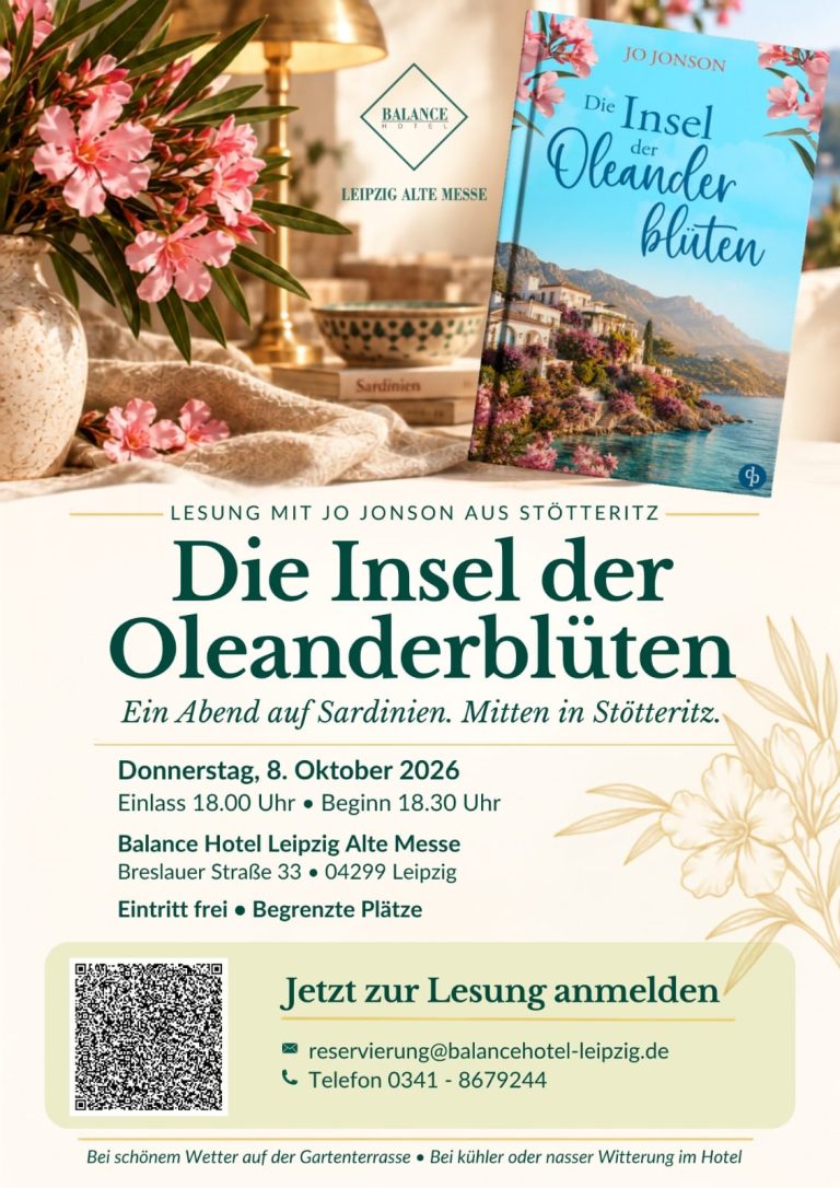 Flyer zur Lesung in Leipzig: "Die Insel der Oleanderblüten"