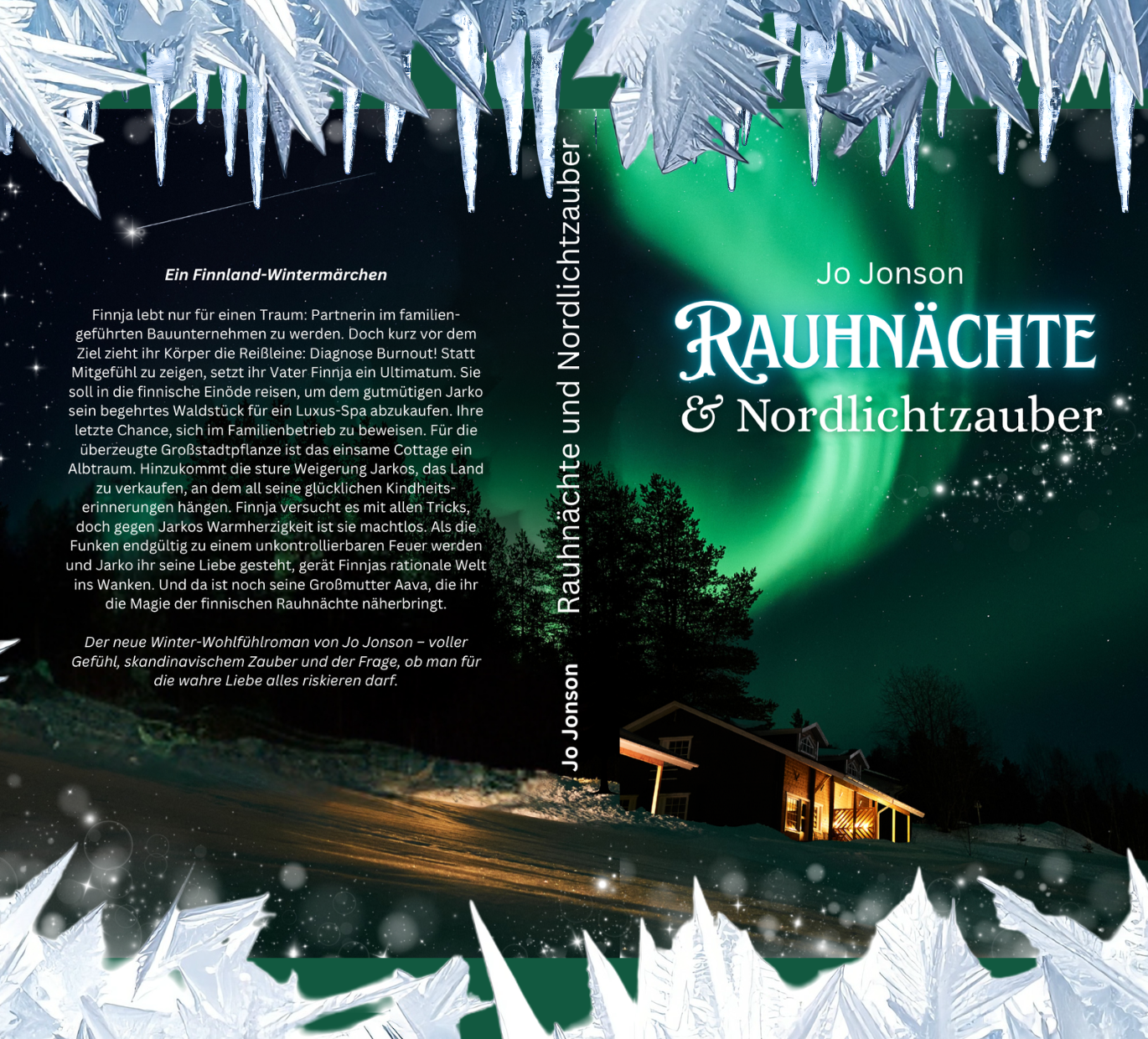 buchumschlag vom Winter-Liebesroman in Finnland von Jo Jonson "Rauhnächte und Nordlichtzauber"