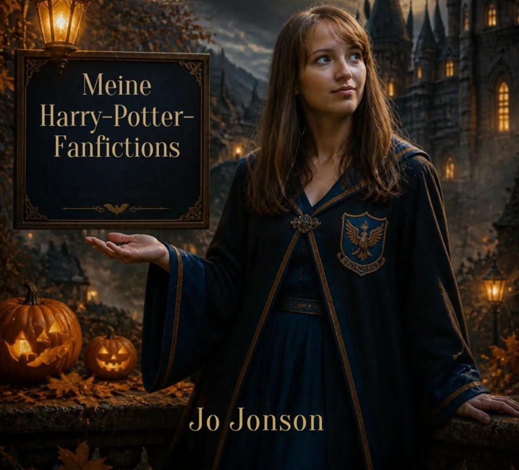 Autorin Jo Jonson im Ravenclaw Umhang vor Schloss Hogwarts hält ein Schild auf dem steht: Meine Harry Potter Fanfiction