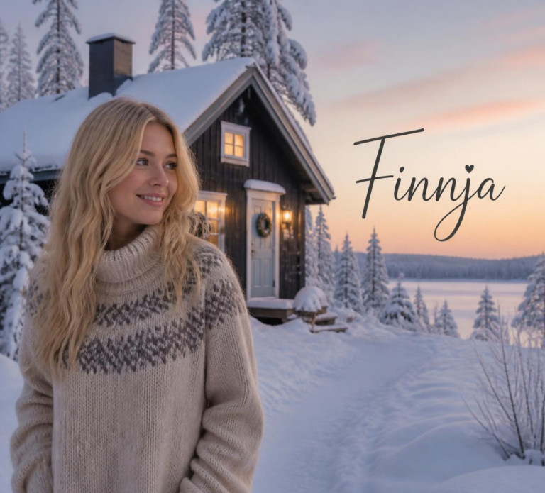 Blonde Frau vor Cottage im Schnee - Finnja aus Rauhnächte und Nordlichtzauber von Jo Jonson: eines ihrer Cozy Cottage Vibes Bücher