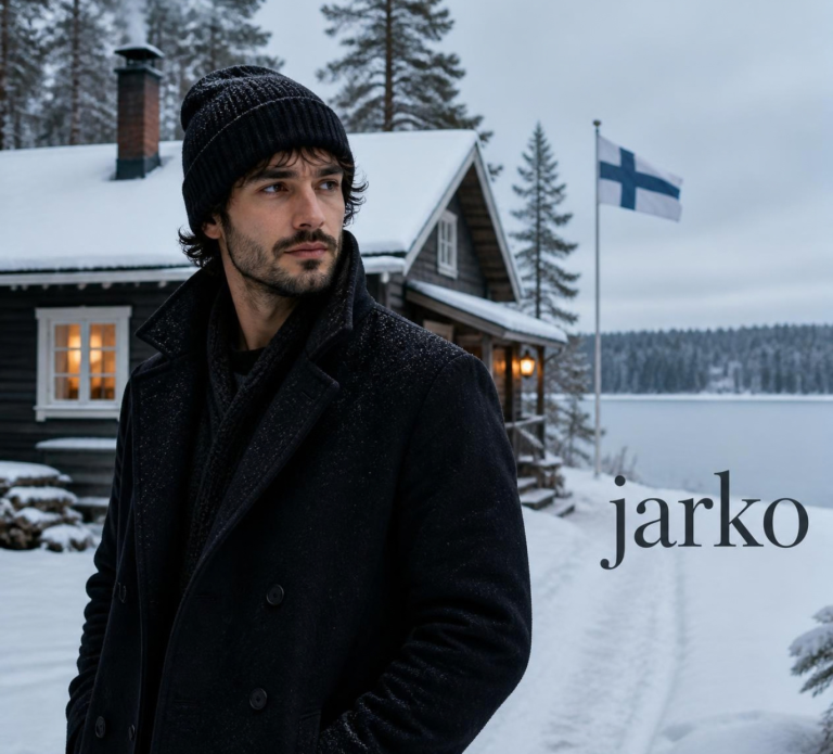 Dunkelhaariger Mann vor Cottage im Schnee - Jarko aus Rauhnächte und Nordlichtzauber von Jo Jonson: eines ihrer Cozy Cottage Vibes Bücher