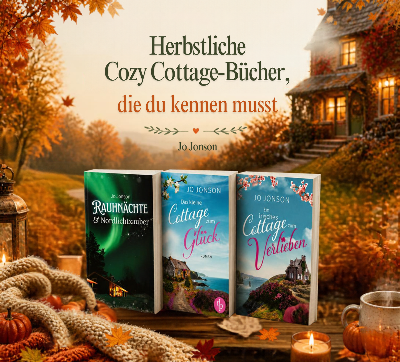 herbstliche Landschaft und im Vordergrund auf einem Tisch 3 Bücher von Jo Jonson, die alle den cozy Cottage Vibe mitbringen